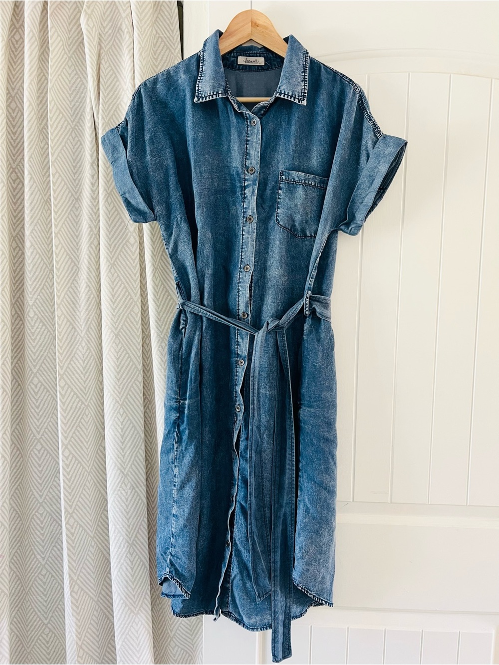 Faveur Denim Tencil Shirt Dress with Waist Tie Blue Short Sleeve Cuffed Large